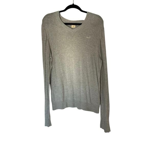 Hollister Long Sleeve V-Neck Sweater Size XL Light Grey Seagull Logo - Picture 1 of 9